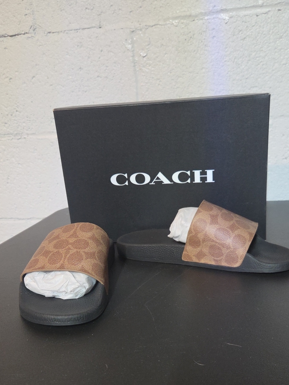 Coach Udele Brown Signature Slide Sandals with Black Sole